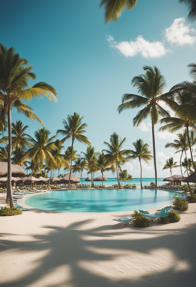 A panoramic view of Club Med Punta Cana's beachfront resort, with palm trees, turquoise waters, and families enjoying various activities