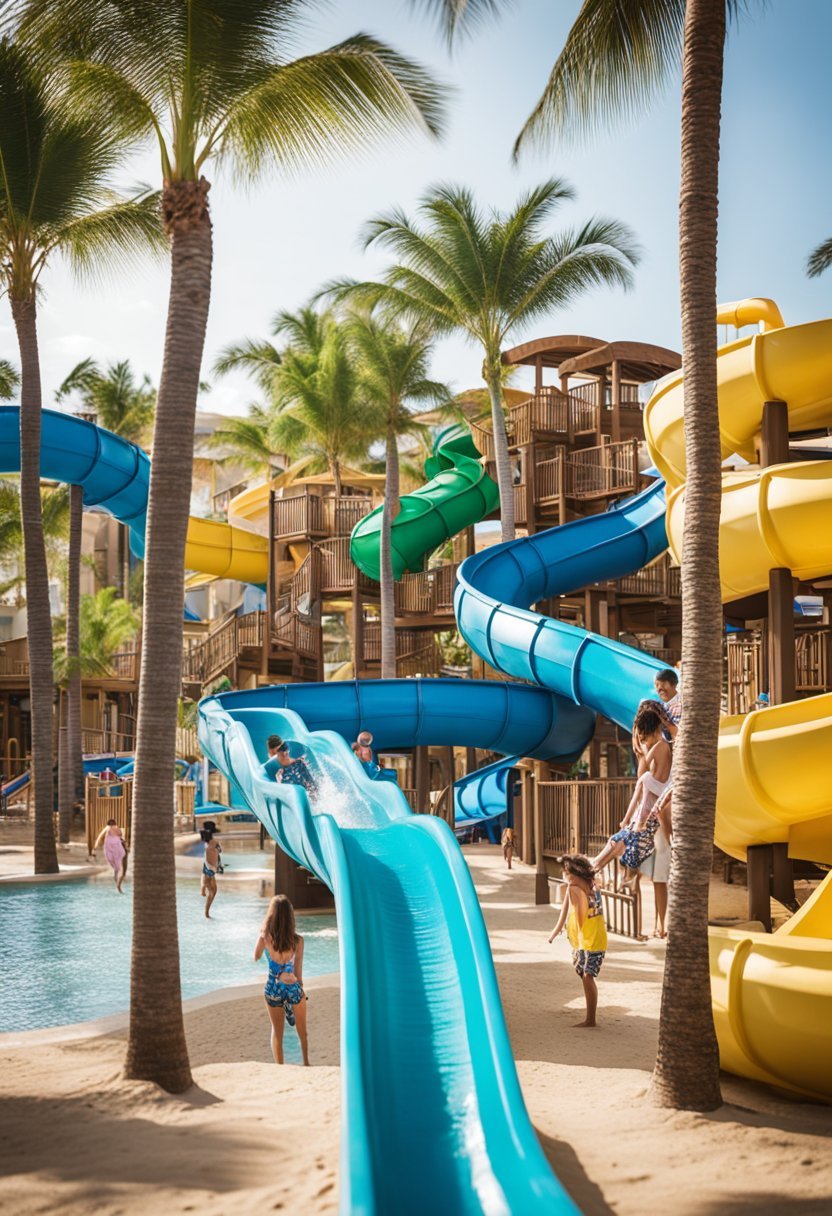 A family enjoys the water park at Royalton Splash Punta Cana, surrounded by palm trees and colorful resort buildings