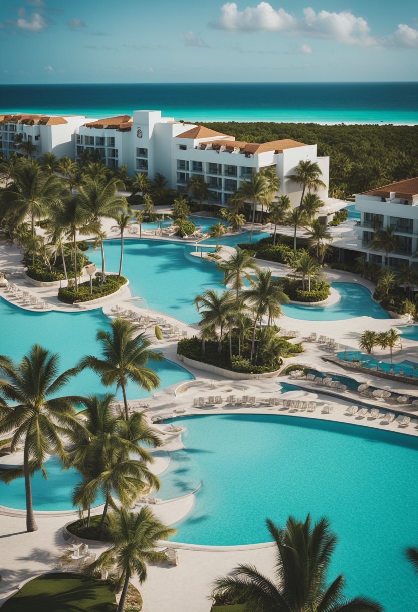 A vibrant beachfront resort with palm trees, pools, and family-friendly amenities overlooking the turquoise waters of Cancun